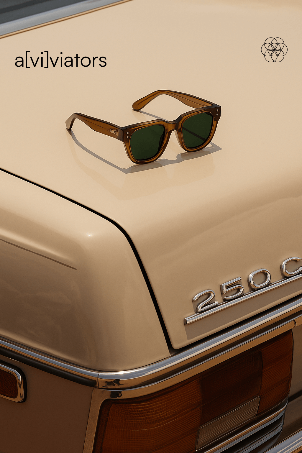 Sunglasses on a vintage car with 'alvi\viators' branding.